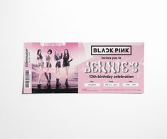 a ticket for the blackpink concert is shown on a white background with pink accents