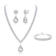 PRICES MAY VARY. 【WEDDING JEWELRY SET】What You Will Get Is A 3-Piece Bridesmaid, Bridal Jewelry Set. Simple Teardrop Pendant And Tennis Chain Design, Studded With Rhinestones And Crystals, Beautiful And Elegant. The Sparkling Crystal Accessories Will Attract Attention Even In A Crowd. 【QUALITY MATERIAL】Made Of High Quality Alloy And Rhinestones With White Gold Plated Surface. Gentle On Skin And Light Weight. Note Teardrop Pendant Earrings Are Clip On Design With Soft Rubber Stopper, You Can Wear It Comfortably All Day. 【ADJUSTABLE SIZE】Necklace Length 17.7'' + 2'' Extender Chain, Bracelet Length 6.7'' + 2'' Extender Chain, Earrings Length 1.6'', Suitable For Wearing In Any Occasion, Such As Wedding, Prom, Party And Any Other Occasions You Want To Dress Up Grandly. 【IDEAL GIFT CHOICE】Elegan Bracelets Crystal, Tennis Jewelry, Wedding Simple, Wedding Jewelry For Bride, Crystal Wedding Jewelry, Rhinestone Material, Bridal Jewelry Set, Prom Jewelry, Teardrop Dangle Earrings