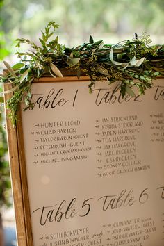 a table plan with greenery on it is displayed in front of a wooden frame