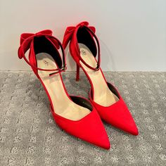 Mmjuly Satin Bow Back Stiletto Pump Heels - Red (W8.5) | Nwob Features: - Beautiful Bow Back - All Over Satin Material - Adjustable Ankle Strap - Closed Toe - Synthetic Sole Heel Height: Approx. 4” Size: Women’s 8.5 Brand New Without Box Or Tags, Never Worn, Excellent Condition Evening Heels With Red Bow And Pointed Toe, Chic Heels With Red Bow, High Heels With Red Bow, Party Heels With Red Bow And Round Toe, Chic High Heels With Red Bow, Red Fitted Heels With Heel Strap, Fitted Red Heels With Heel Strap, Chic Evening Heels With Red Bow, Red Heels With Bow For Formal Occasions