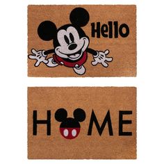 two mickey mouse door mats with the words hello and home written on them in black