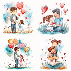 watercolor illustrations of people holding balloons and hugging each other with hearts floating around them