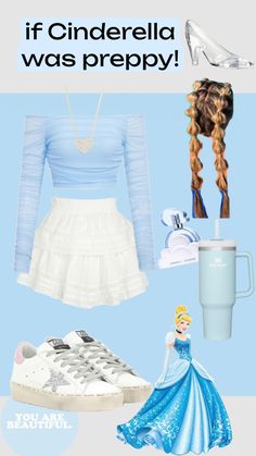 there is a blue and white outfit with princesses on it, including a coffee cup