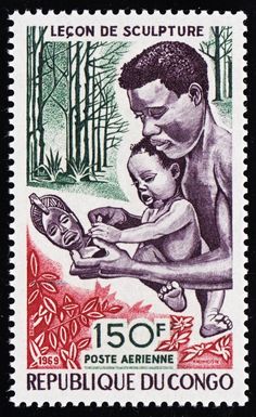 a stamp with an image of a man holding a baby