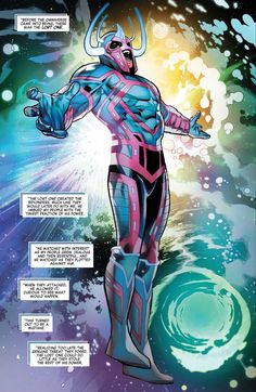 an image of a comic character standing in front of a space background with words on it