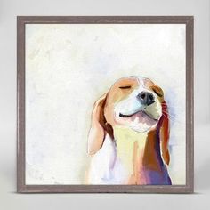 a painting of a brown and white dog with its eyes closed in front of the camera