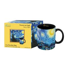 a coffee mug with the painting van gogh starry night on it in front of a box