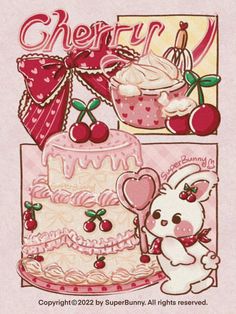 a card with an image of a cake and a bunny