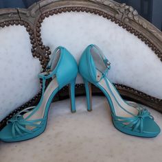 Sz 7 Us Aqua Color Leather Heels With T Strap And Buckle On The Side. Nwot 4 Inch Heel Blue Almond Toe Heels With Heel Strap, Fitted Blue Heels With Removable Insole, Blue Almond Toe Heels With Wrapped Heel, Blue Party Heels With Removable Insole, Aqua Color, 4 Inch Heels, Shoes Shoes, T Strap, Strappy Heels