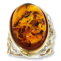 Amber Extraordinaire Oval Stone 2-Tone Adjustable Ring  The glowing pressed amber you'll spy in this ring was once only tree resin. That resin, though, first seeped from the bark of trees that grew millions of years ago. It's an intriguing backstory that inspires this ring's sculptural, branch-like design. You'll love that it makes the style a conversation piece that almost speaks for itself.        Approx. 1-1/8"L x 3/4"W x 3/8"H; shank 1/2"W     Sizes 5/6, 7/8, 9/10, or 11/12     Stamped .925 Oval Baltic Amber Rings In Amber Color, Oval Baltic Amber Ring In Amber, Oval Baltic Amber Ring, Oval Amber Jewelry With Natural Inclusions, Color Bands, Tree Bark, Amber Color, Oval Stone, Adjustable Ring