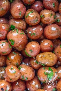 closeup of potatoes with parsley on them