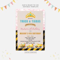 a birthday card with a construction truck on it and a banner above the card reads, trucks & tiaras