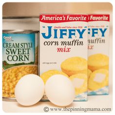 an image of corn muffins and cream in a can with two eggs on the side