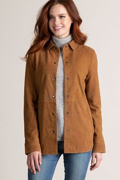 The elegantly understated Reesa is your lightweight outdoor layer or your indoor shirt. Free shipping   returns. Leather Button-up Tops With Button Closure, Long Sleeve Leather Jacket For Layering, Solid Outerwear With Button Cuffs For Layering, Classic Suede Button-up Outerwear, Classic Button-up Suede Outerwear, Spring Suede Outerwear With Button Closure, Leather Jacket With Suede Overlays And Long Sleeves, Suede Outerwear With Button Cuffs For Work, Classic Leather Jacket With Button Cuffs For Fall