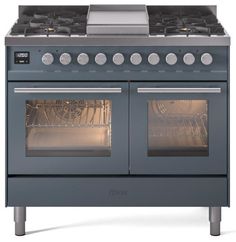 an oven with two burners and one door open on the front side, in stainless steel