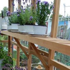 several potted plants are sitting on the outside porch railing, along with other flowers