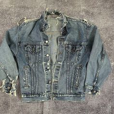 Jacket is in poor condition overall, has lots of rips and holes (pictured above) Fits true to size men's small Acid Wash Distressed Denim Jacket For Streetwear, Distressed Denim Blue Jacket In Grunge Style, Distressed Denim Blue Grunge Jacket, Ripped Denim Jacket For Streetwear In Grunge Style, Ripped Grunge Denim Jacket, Vintage Ripped Long Sleeve Outerwear, Vintage Ripped Denim Jacket For Fall, Ripped Cotton Denim Jacket In Grunge Style, Ripped Cotton Grunge Denim Jacket