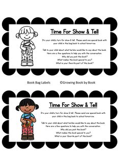 two book labels with the words time for show and tell