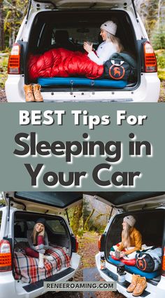 Woman car camping in her SUV. Linked to a car camping guide titled best tips for sleeping in your car. Car Camping Australia, Car Camping 4runner, Camper Needs List, Living Out Of Your Car, Vehicle Living, Glamping Tips, Car Camping Hacks, Tips For Sleeping