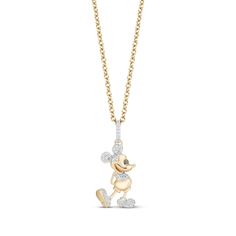 This special Mickey Mouse necklace from the Disney Treasures Collection reflects a love of all things Disney. Crafted in 10K yellow gold Shining with round-cut diamonds, a cheerful Mickey kicks up a heel More round diamonds line the bail for added sparkle Total diamond weight is 1/8 carat The adjustable 17-inch cable chain has a 2-inch extender and secures with a spring ring clasp Exclusively at KAY Jewelers ©Disney Mickey Mouse Jewelry, Mouse Necklace, Mickey Mouse Necklace, Disney Treasures, Kay Jewelers, Accessories Jewelry Necklace, Round Cut Diamond, Cable Chain, Spring Rings