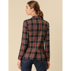 Pump up your power suit look with this Flap Pockets Plaid Pattern Blazer. Get yourself in a boldly blazer with a double-breasted silhouette. Classic plaid patterns with a notched lapel and double-breasted closure blazer. Match jeans for a casual look, or pair it with a smart midi skirt for a boss lady vibe. All prepped up for the coming season, this double-breasted tartan jacket is loaded with styling options. Double-breasted Plaid Blazer For Office, Double-breasted Plaid Office Blazer, Classic Single-button Plaid Blazer, Tartan Jacket, Double-breasted Plaid Blazer With Double Button Closure, Single-breasted Plaid Blazer With Lapel Collar, Formal Blazer, Power Suit, Checked Blazer