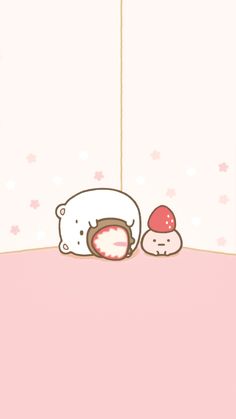 two donuts sitting on top of a pink table next to a white teddy bear