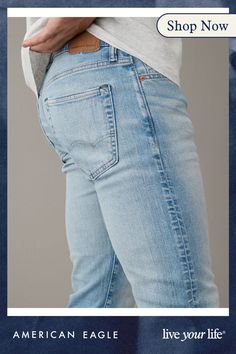 AirFlex+/Authentic denim look with flexibility and comfort you have to feel to believe./High stretch level that keeps its shape/Light wash Classic Stretch Light Wash Bottoms, Classic Stretch Light Wash Jeans, Classic Light Wash Stretch Bottoms, Casual Stretch Jeans In Faded Color, Casual Stretch Faded Jeans, Athletic Fit Jeans, Mens Outfitters, Athletic Fits, Recycled Cotton