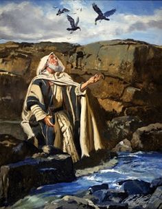 a painting of an old man standing on rocks by the water with birds flying above him