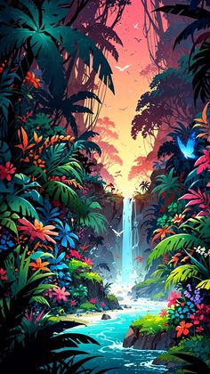 a painting of a waterfall surrounded by tropical plants