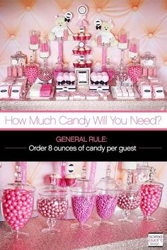 candy bar with pink and white candies in glass vases on the counter top