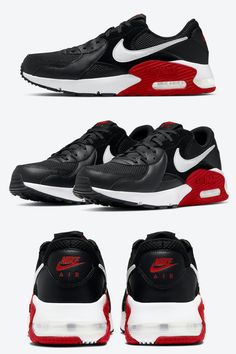 Nike gives their latest Air Max Excee silhouette, a model inspired by the Air Max 90, the classic “Bred” makeover. Dressed in a Black, White, and University Red color scheme. This Nike Air Max Excee features a Black base constructed in a mix of mesh, leather, and suede paired with White leather Swooshes. Red contrasting accents atop a White midsole and Black outsole completes the design. #airmax Air Max Excee, Nike Air Max Excee, Red Color Schemes, Air Jordan Sneaker, Color Scheme, White Leather, Red Color, Air Max