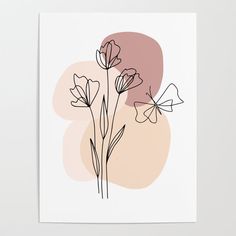 an art print with three flowers in black and white on a pink background, against a neutral backdrop