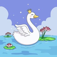 a white swan with a crown on its head floating in water next to lily pads