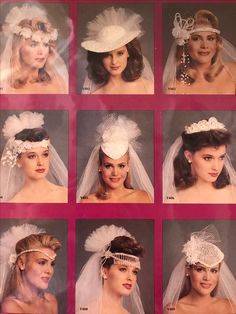 many different pictures of women wearing hats and veils on their heads, including the bride's hair