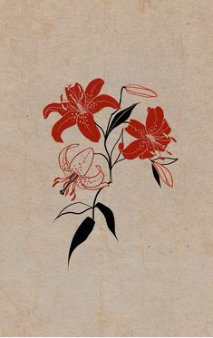 red flowers with black leaves on a beige background