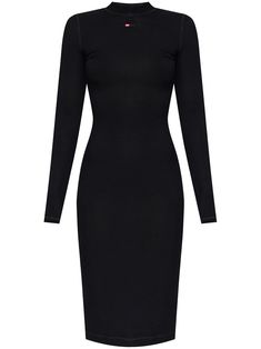 black stretch-jersey ribbed knit mock neck long sleeves embroidered logo to the front straight hem mid-length slip-on style Black Ribbed Elastane Dress, Black Stretch Longline Midi Dress, Black Ribbed Dress In Elastane, Stretch Turtleneck Midi Dress, Spring Bodycon Turtleneck Midi Dress, Black Long Sleeve Elastane Midi Dress, Classic Black Stretch Bodycon Dress, Sleek Black Elastane Midi Dress, Sleek Black Midi Dress Made Of Elastane