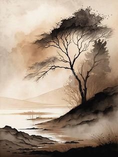 a painting of a lone tree on a hill by the water with fog in the air