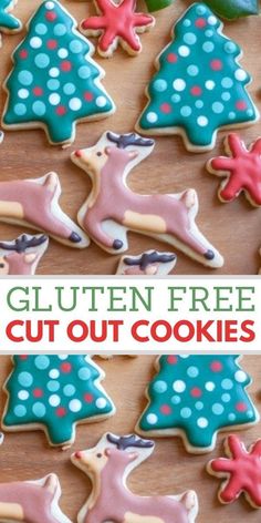 decorated christmas cookies with text overlay that reads gluten free cut out cookies