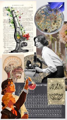 a collage of images with women and science related items