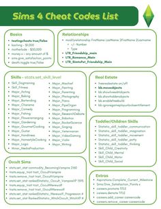 a green and white poster with the words sims 4 chot code list