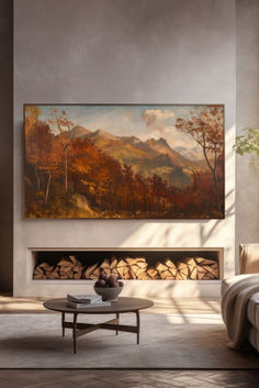 a living room filled with furniture and a painting hanging on the wall over a fire place