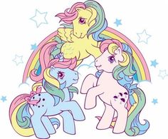 three little ponys are standing together in front of a rainbow with stars on it