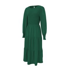 Green Crew Neck Smocked Swing Midi Dress Green Smocked Long Sleeve Dress For Fall, Green Long Sleeve Smocked Dress For Fall, Green Casual Smocked Dress For Fall, Solid Long Sleeve Smocked Dress With Ruched Detail, Long Sleeve Smocked Dress With Ruched Detail, Solid Smocked Long Sleeve Dress, Solid Color Long Sleeve Smocked Dress With Smocked Cuffs, Solid Long Sleeve Smocked Dress, Long Sleeve Solid Color Smocked Dress