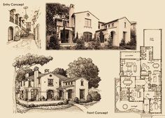 three different architectural drawings of homes and trees in the same drawing, each with its own floor plan