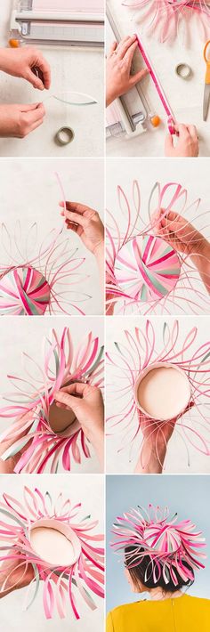 the process to make a paper flower with scissors and yarn is shown in four different stages