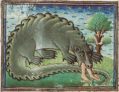 an illustration of a dragon attacking a man in the middle of a page from a medieval manuscript