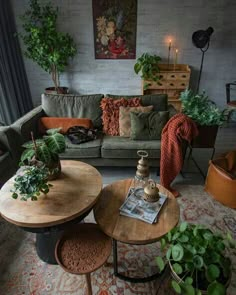 a living room filled with lots of furniture and plants on top of it's tables