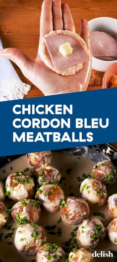 chicken cordon bleu meatballs are being cooked in a skillet with the words chicken cordon bleu meatballs