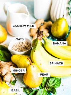 bananas, ginger, pears, cashew milk, oats and other ingredients