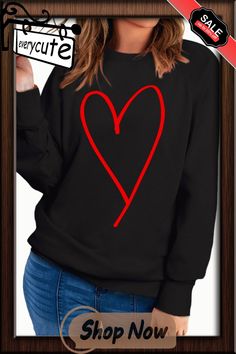 Black Heart Shape Print Long Sleeve Pullover Sweatshirt Oversized Long Sleeve Top With Heart Graphic, Black Long Sleeve Tops With Heart Graphic, Black Long Sleeve Top With Heart Graphic, Trendy Black Tops With Heart Print, Trendy Black Top With Heart Print, Oversized Heart Print Casual Tops, Casual Oversized Heart Print Tops, Black Heart Print Tops For Fall, Long Sleeve Sweatshirt With Heart Graphic For Streetwear